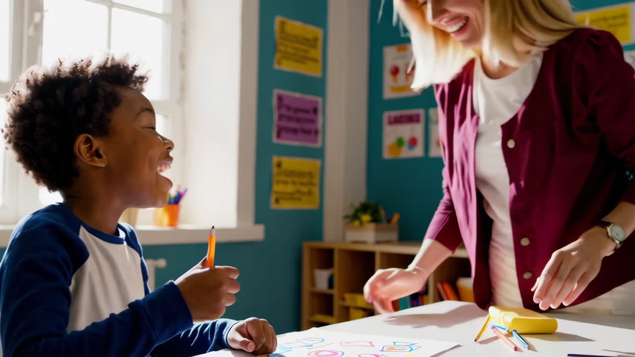 Child Learning and Drawing in a Classroom