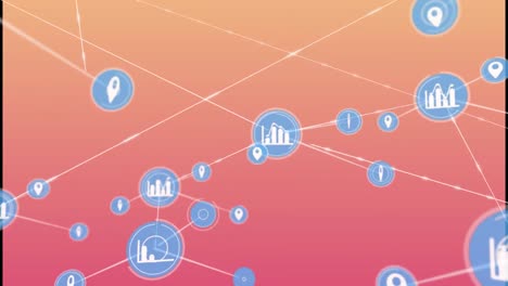 Animation-of-network-of-digital-icons-against-pink-gradient-background