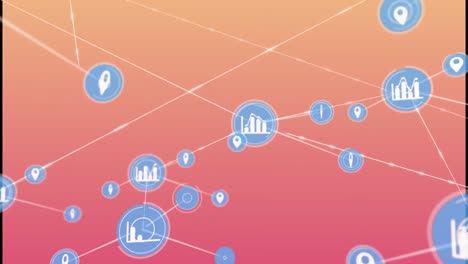 animation of network of digital icons against pink gradient background