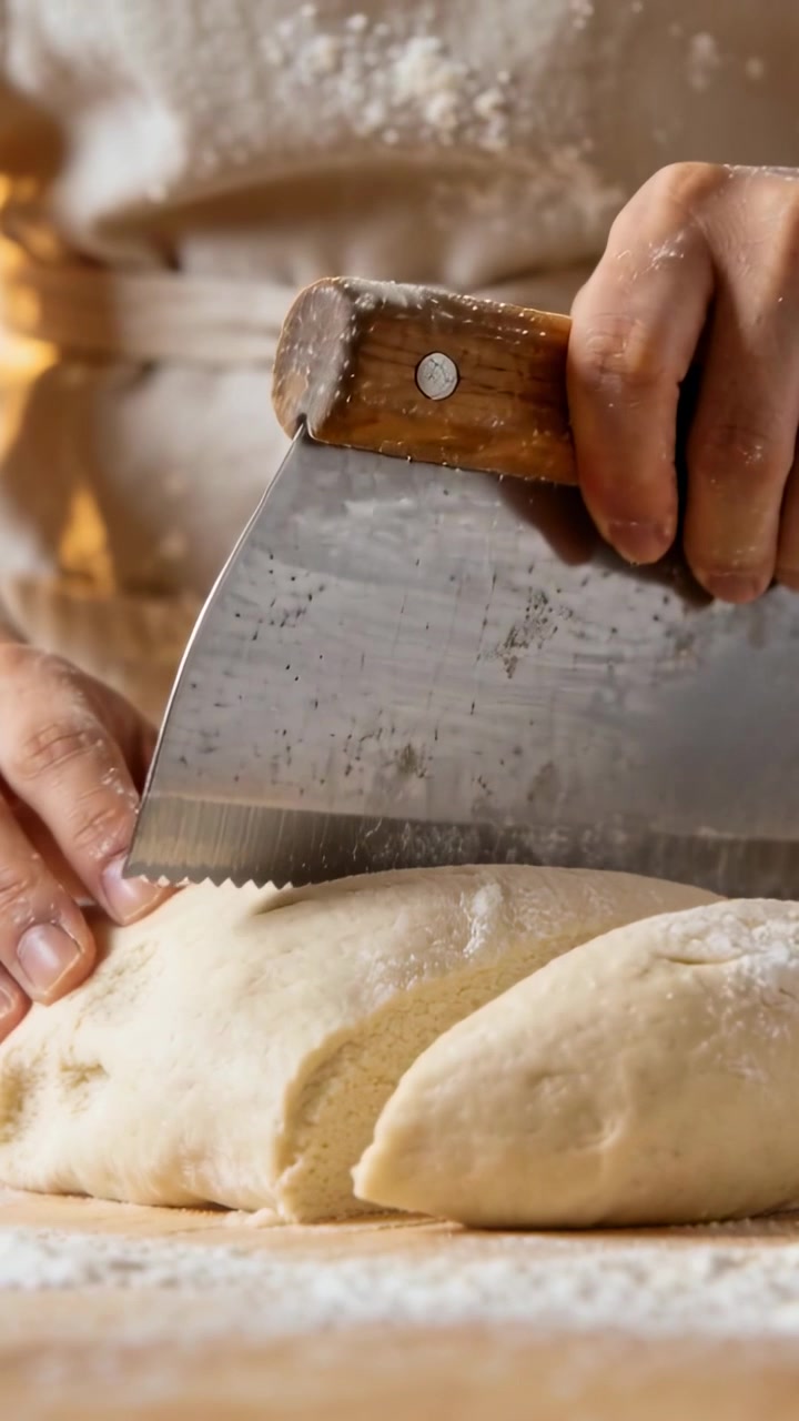 Vertical video: Steadying dough, hands cutting with bench scraper at counter, apron, prepping dough