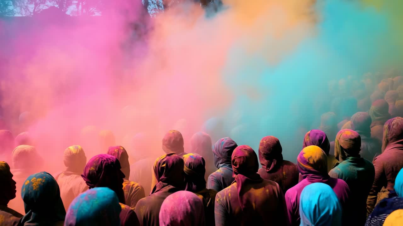 Fermo immagine vibrante di un festival con nuvole di polvere colorata.