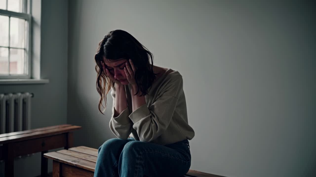 A somber video scene with a woman sitting on a bench, head in hands