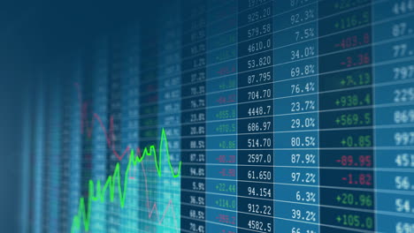green technical price graph rising in front of a blue changing stock market ticker. indicating a finacial growth of business, financial and economic success and money investment analysis