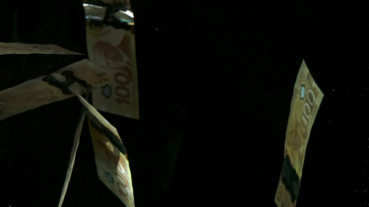 흑색 바탕에 떨어지는 캐나다 달러 지폐, 4k 로 루프가 가능, 고품질의 달러 지폐가 떨어지는 4k 로 러프가 가능