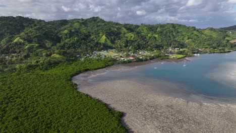 hidden paradise of fiji - savusavu marina at the town in island of vanua levu, fiji. aerial drone shot