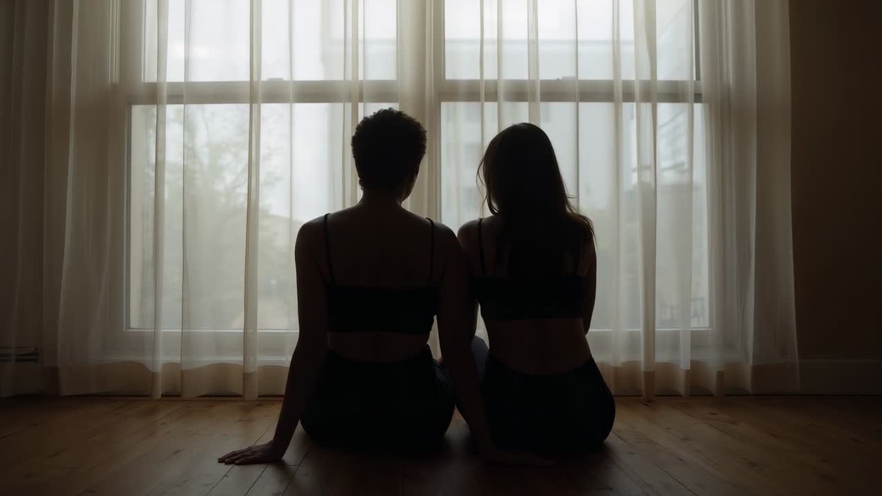 Reacting to window light women leaning closer on wood floor wearing dark activewear for comfort