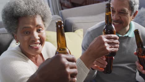 happy diverse senior friends sitting on sofa, drinking beer and having fun