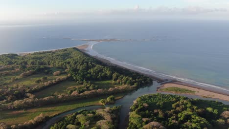 costa rica drone top view showing sea, shore and palm tree forest in the pacific ocean with a whale tale shape beach