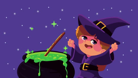 happy halloween animation with witch and cauldron