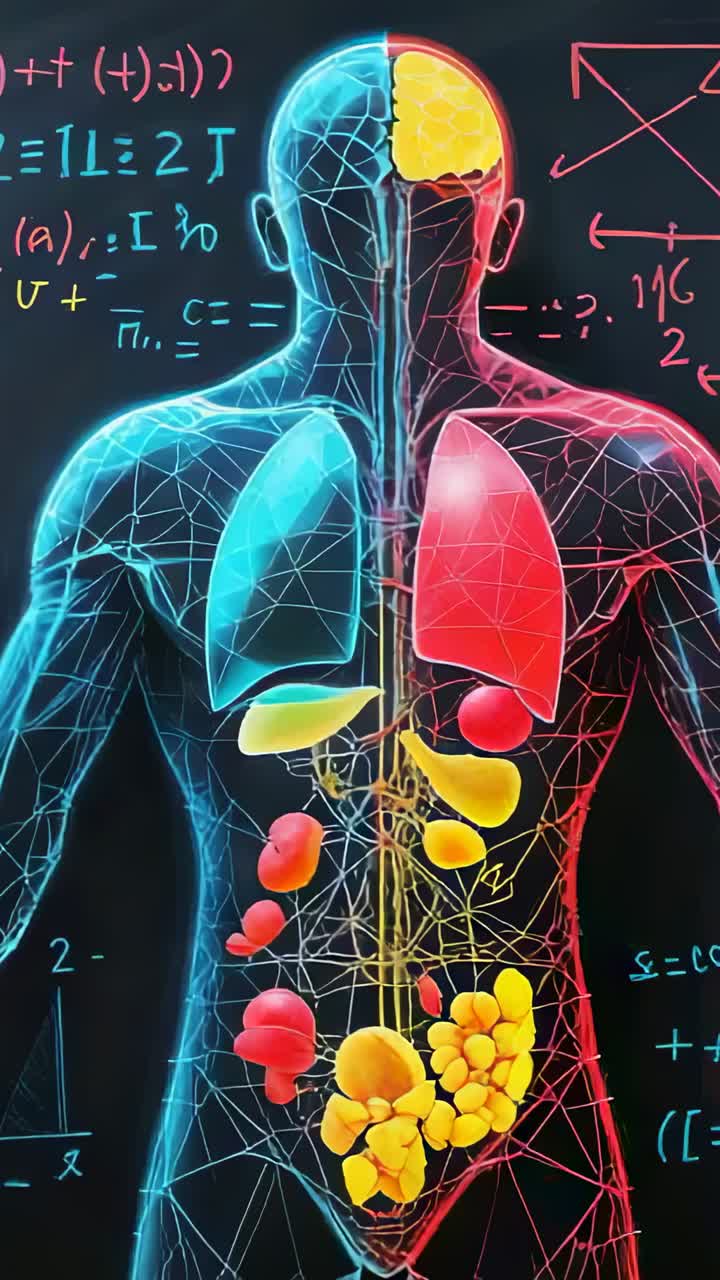 Vertical video: Rotating digital torso on dark backdrop at start revealing organs and neon formulas