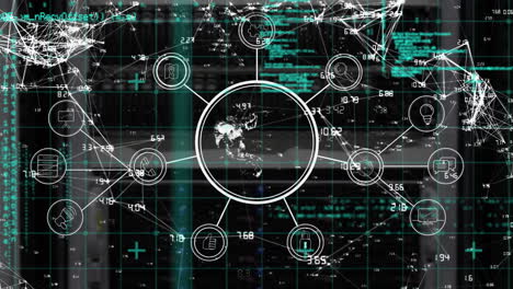 animation of network of connections with icons and data processing