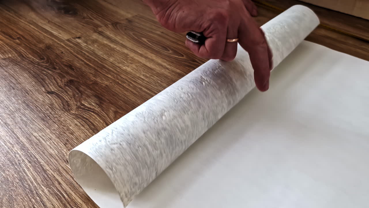 Wallpaper sheet preparation on wooden floor before wall application