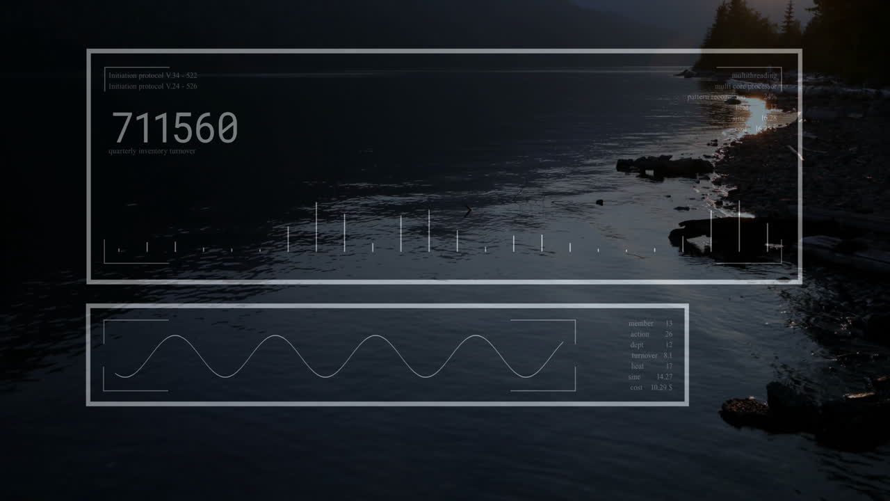 Animation of graphs and numbers overlaying serene lake at dusk, data visualization