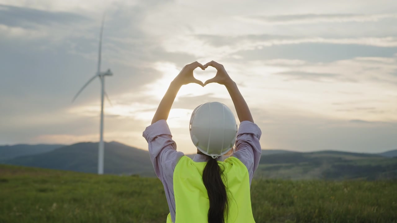 Ingegnere con casco e giubbotto forma un cuore vicino a turbine eoliche al tramonto, il gesto riflette.