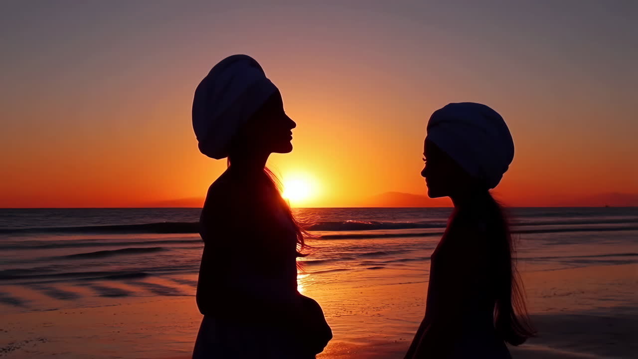 Silhouettes of two women at sunset on a beach