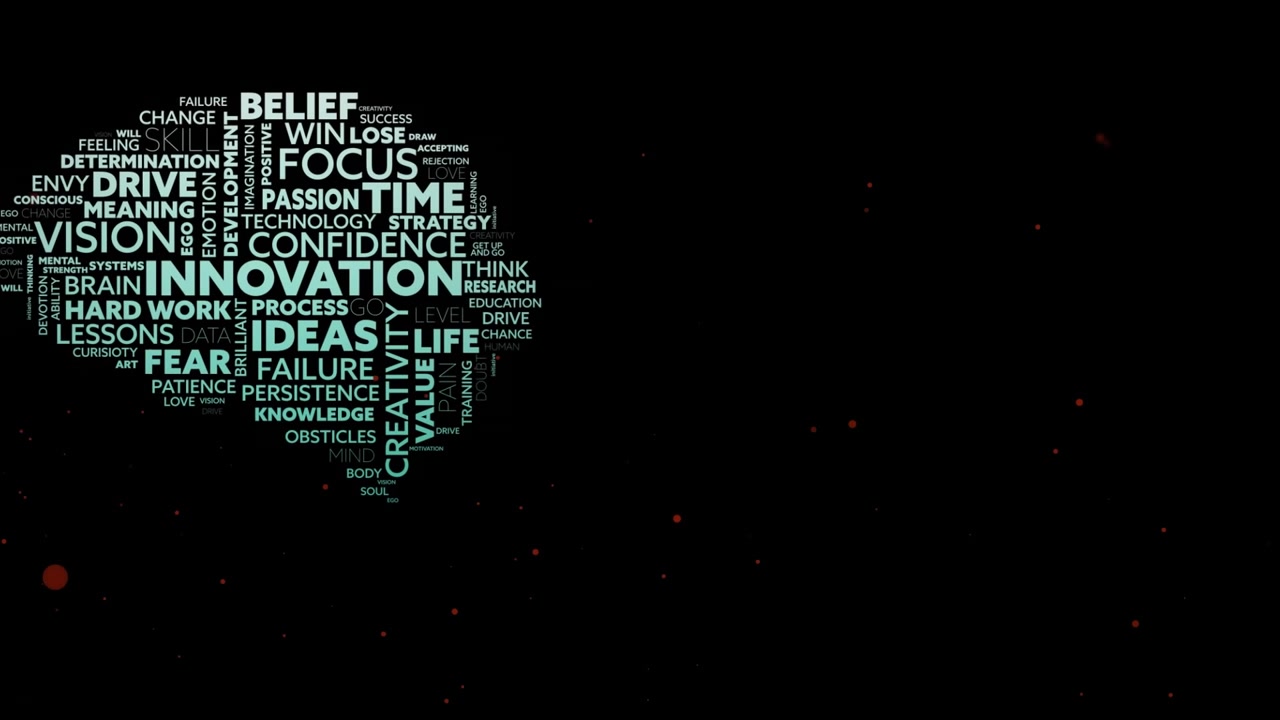Animation of innovation and ideas text with red glowing spots on black background