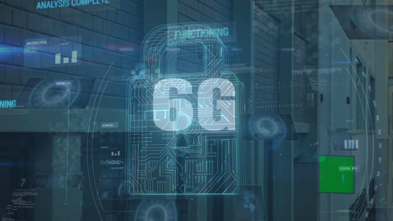 animación del icono del candado y procesamiento de datos en la sala del servidor.