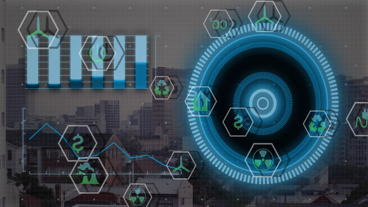 도시 풍경 위의 데이터 처리 및 범위 스캐닝의 애니메이션