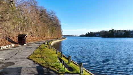 benches on a lakeside path for exercising