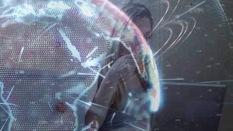 woman sipping coffee while analyzing remote work data, with holographic globe and data points