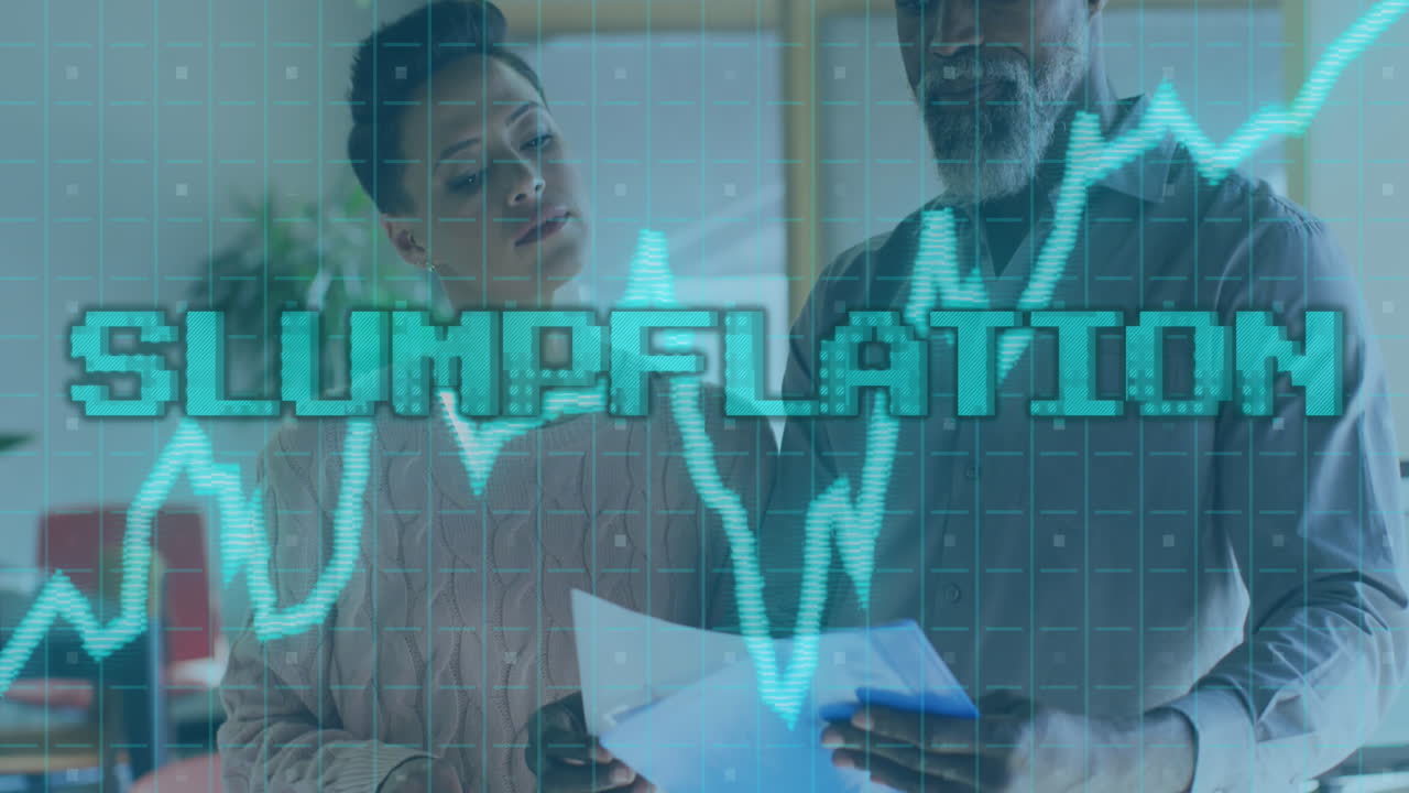 Animation of slumpfation and financial data processing over diverse business people