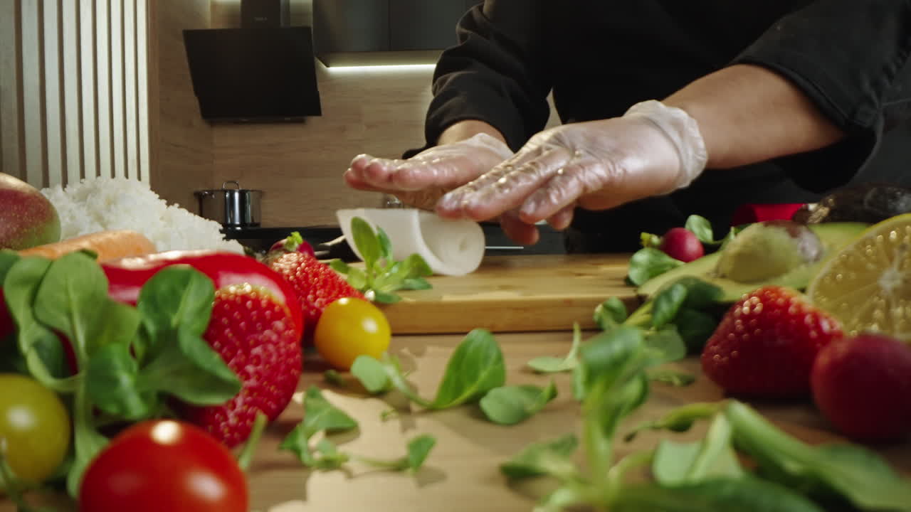 Close-up of hands preparing food in a kitchen with fresh ingredients
