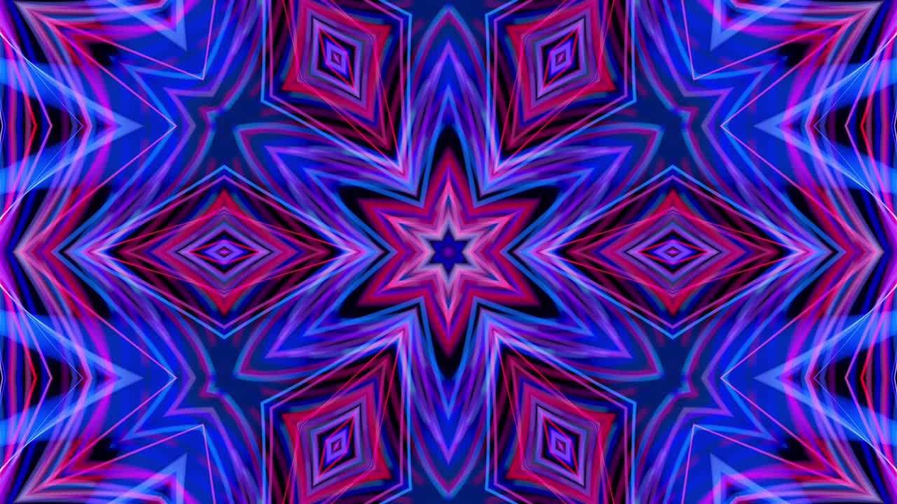4k abstract bg with pattern of glow blue purple lines. Pattern like flower, star or mandala of glow curved lines. Kaleidoscopic simmetrical structure. Abstract laser show. VJ animation with lines