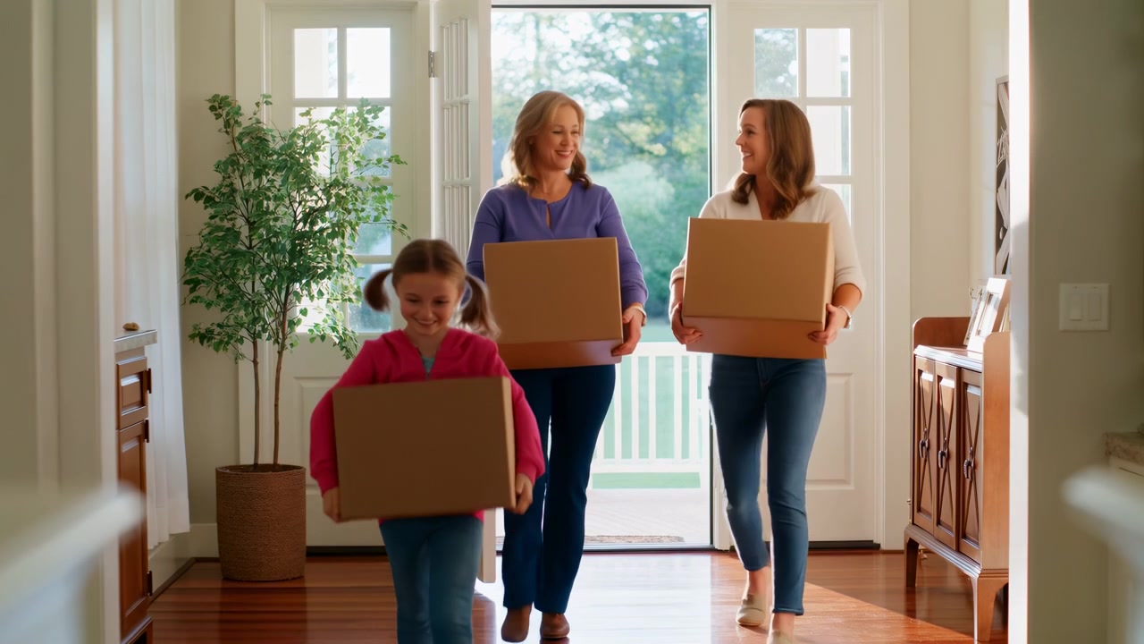 Familie verhuist dozen naar een huis, in het interieur van een woning met grote ramen, met kartonnen dozen, meubels, met karton, houten vloer textuur, met bruine, witte accenten, helder detail.