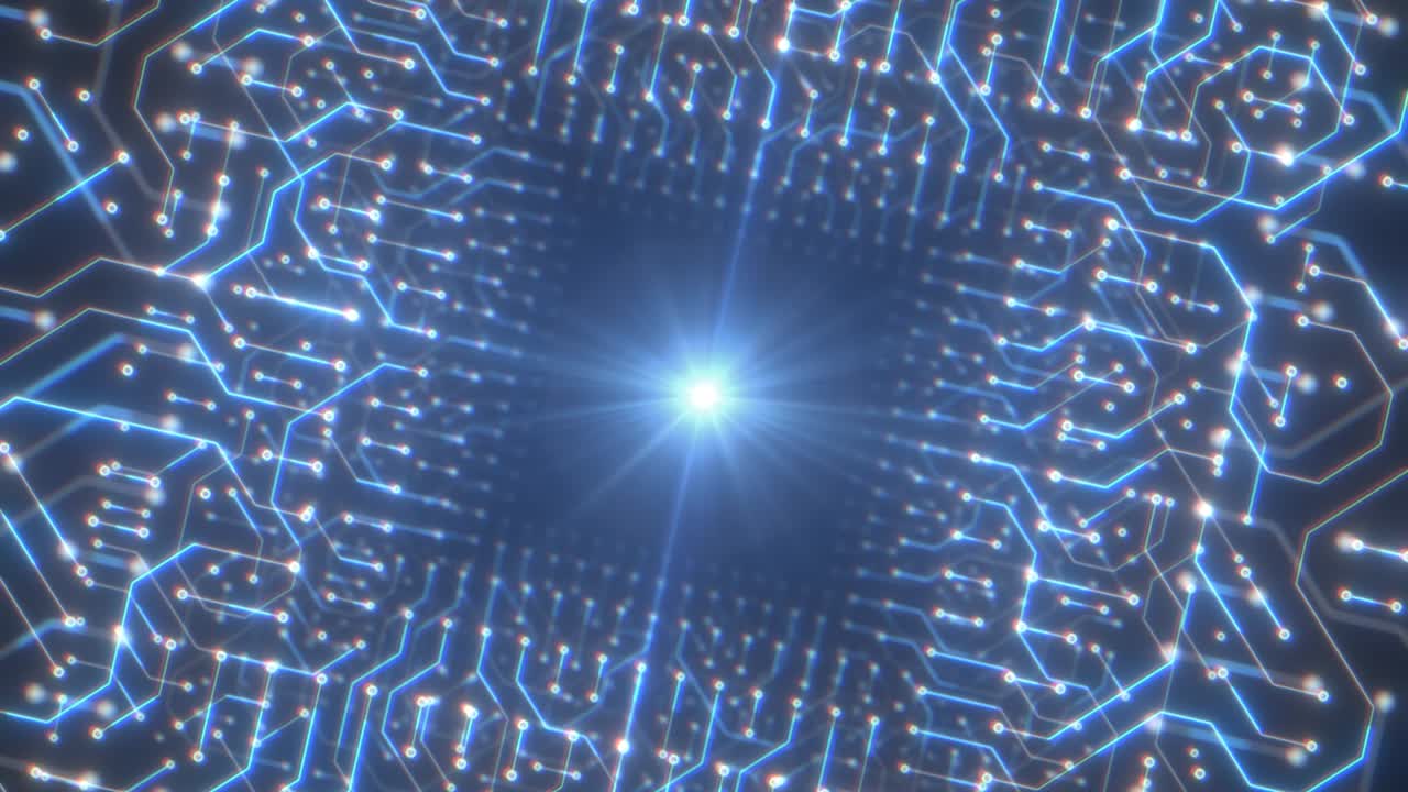 미래의 디지털 전기 회로 라인의 빛나는 공상 과학 터널 - 4k 원활한 루프 모션 배경 애니메이션