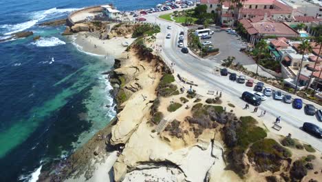 Aerial-of-La-Jolla-Cove,-downtown-La-Jolla,-coast-of-San-Diego