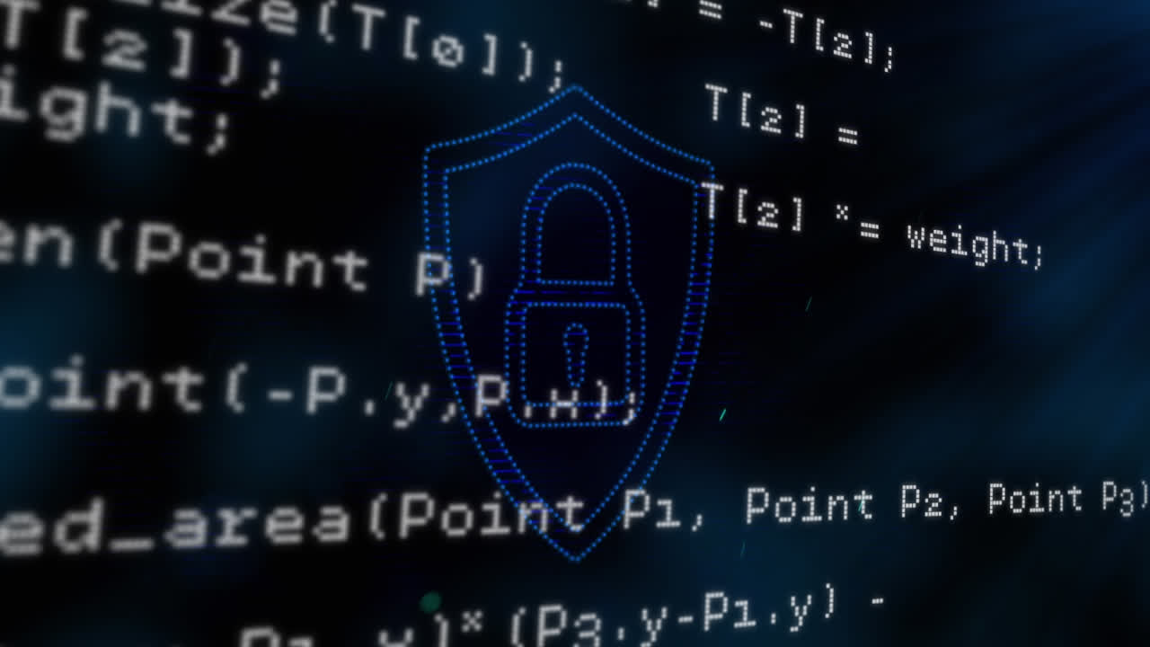 Animation of data processing over security padlock icon against black background