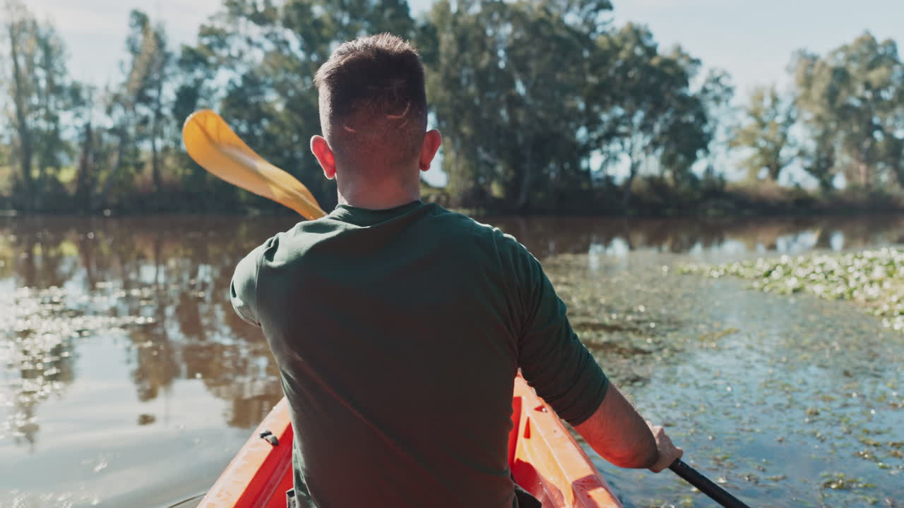 Kayak, lake and back view of man on an adventure