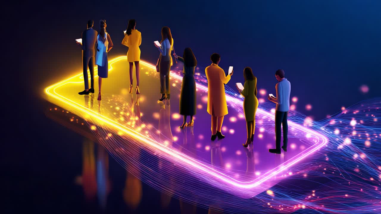 A Group of Stylized Individuals Engaged with Their Devices on a Bright, Illuminated Platform, Symbolizing Connectivity and Modern Digital Interaction in a Vibrant Environment