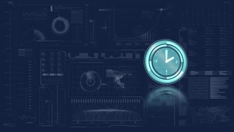 Animation-of-clock-moving-over-blue-background-with-diverse-data
