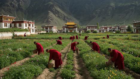monks cultivating flower gardens in a serene landscape: a tradition of nature and spirituality in harmony with the mountains