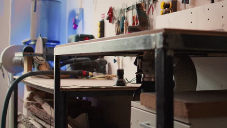 close up of woodworking gear on rack in joinery and power tool