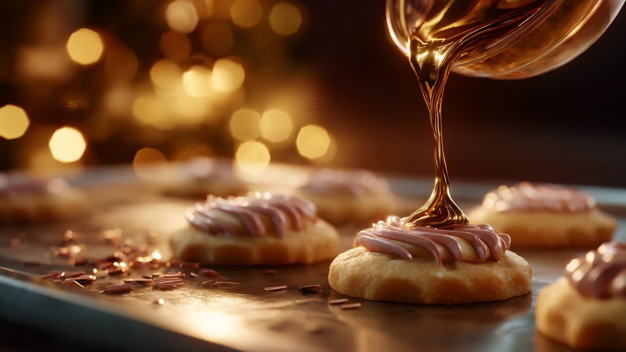 Una scena deliziosamente dolce: cattura l'arte di versare uno sciroppo dorato caldo su rigogliosi biscotti glassati disposti in modo perfetto su una teglia da forno per una delizia appetitosa durante una festa.