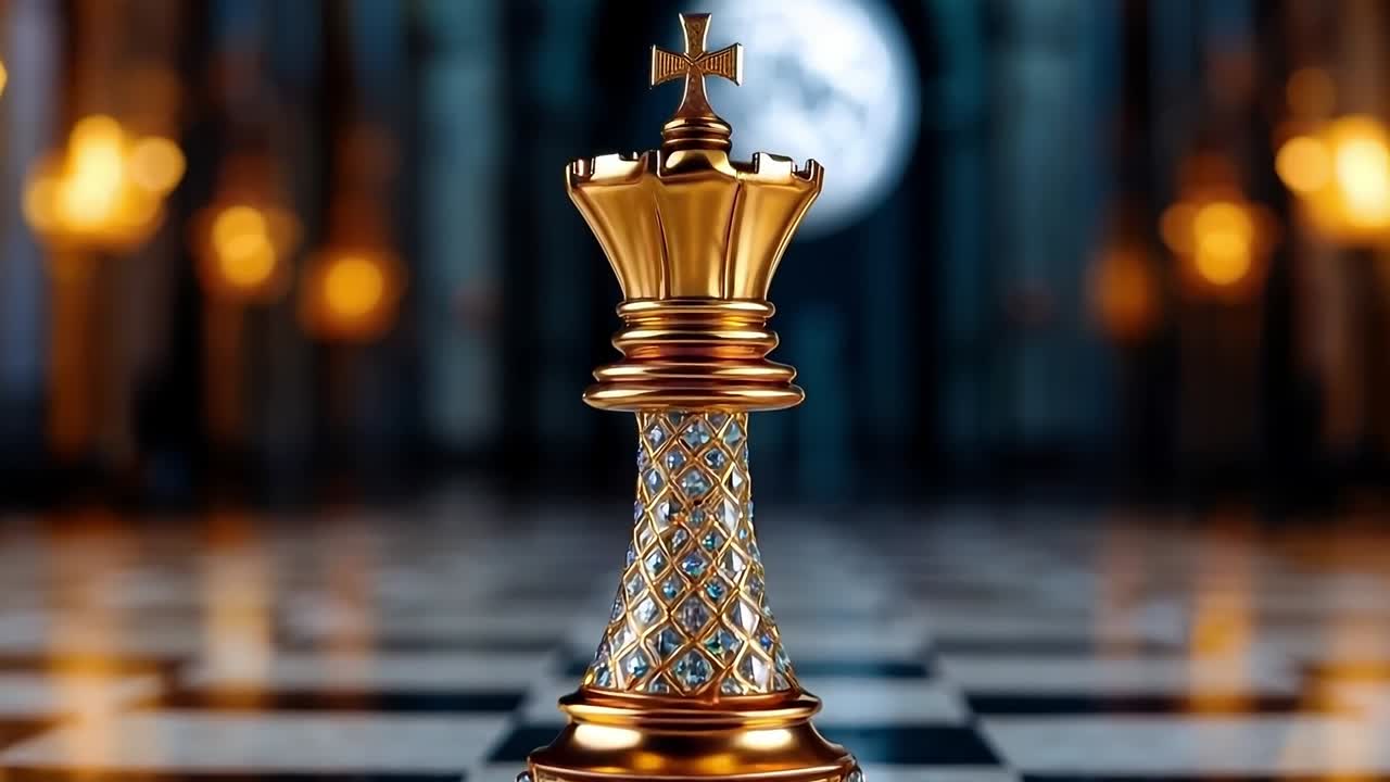 A gold chess piece sitting on top of a chess board