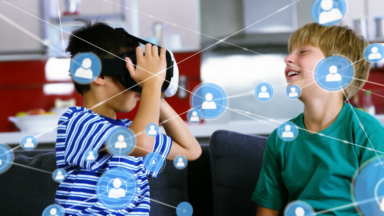 vr 헤드을 사용하여 두 인종 소년을 통해 연결 네트워크의 애니메이션