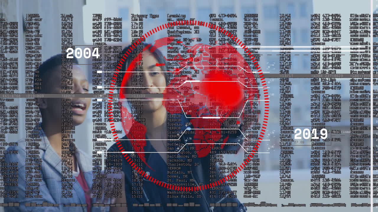 Two technology professionals analyzing data columns in office, displaying red world map timeline