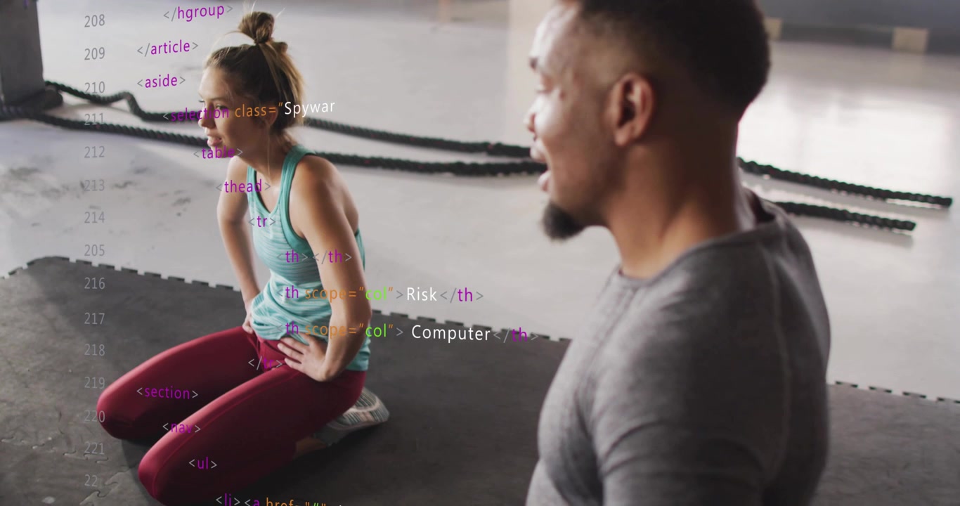 Trainer pivoting torso and throwing jab-cross combos on mat for fitness with code overlay scrolling