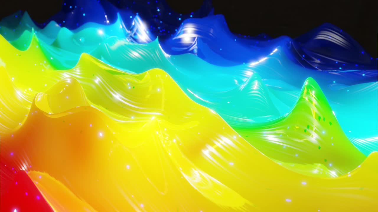 superficie 3d abstracta con hermosas olas, chispas luminosas y gradiente de colores brillantes, colores del arco iris. las olas corren en una superficie muy brillante y brillante con brillo brillante. animación en bucle 4k