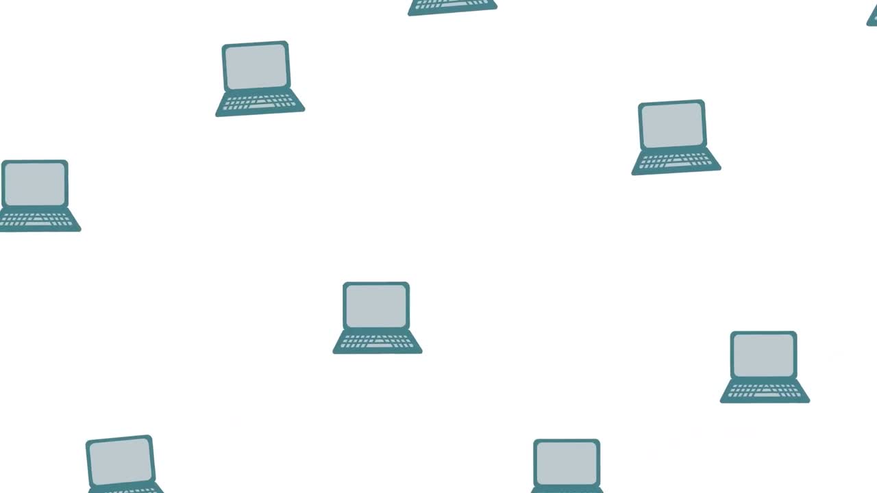 Animation of rows of laptops, students, basketballs on white background
