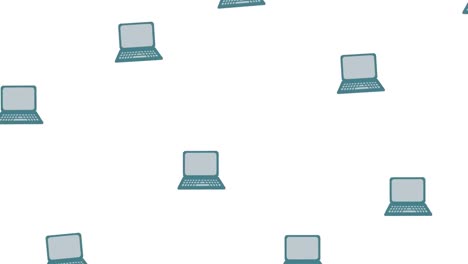 Animation-of-rows-of-laptops,-students,-basketballs-on-white-background