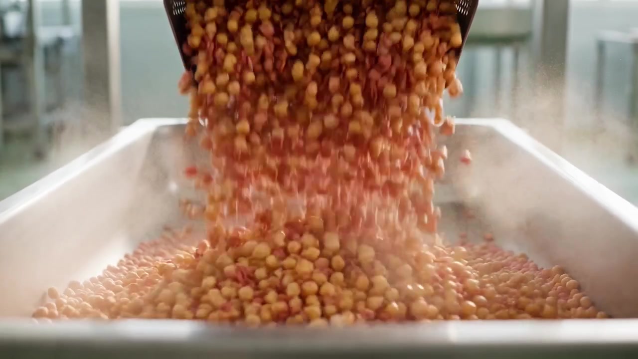 Chickpeas and Lentils Pouring into Industrial Metal Container