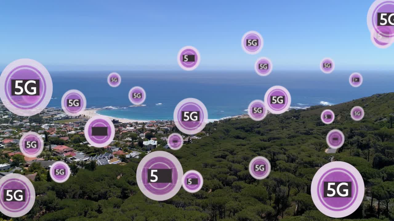 animación de la red de texto 5g sobre el paisaje