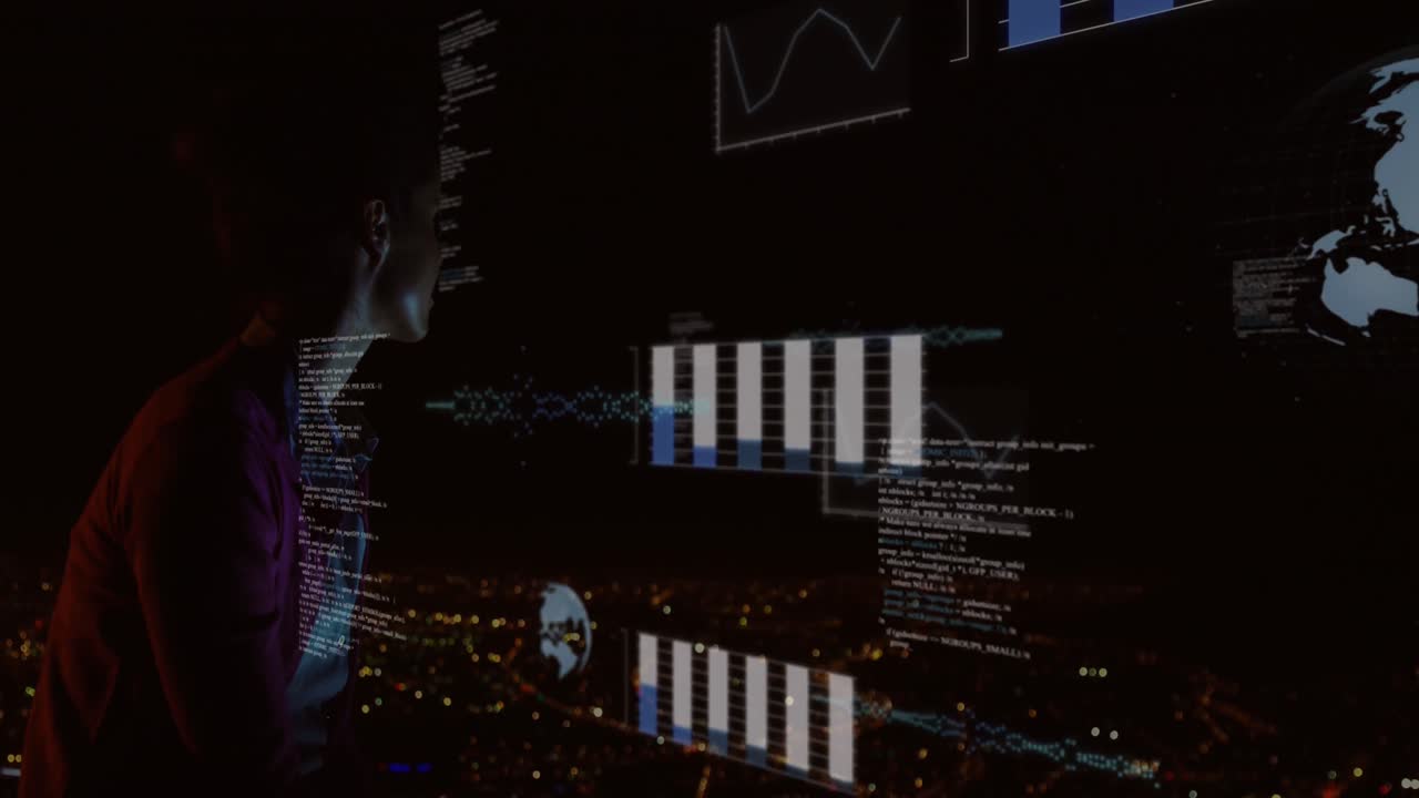 animación de procesamiento de datos sobre mujer caucásica disfrutando de la vista del paisaje urbano nocturno.