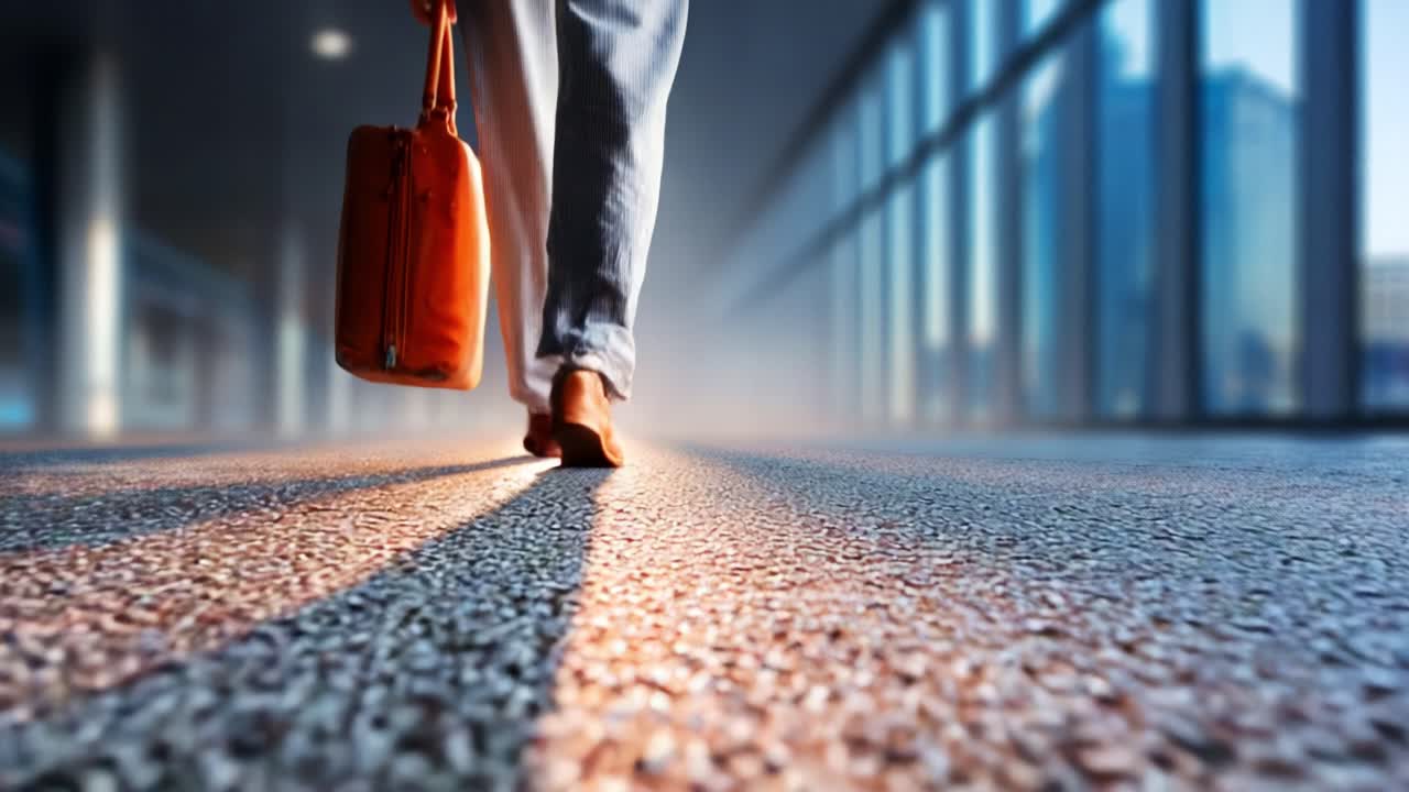 A determined individual strides purposefully forward, carrying a briefcase in hand, navigating through a busy, well-lit corridor, symbolizing ambition and the pursuit of goals