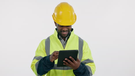 felicidad, hombre y trabajador de la construcción con tableta