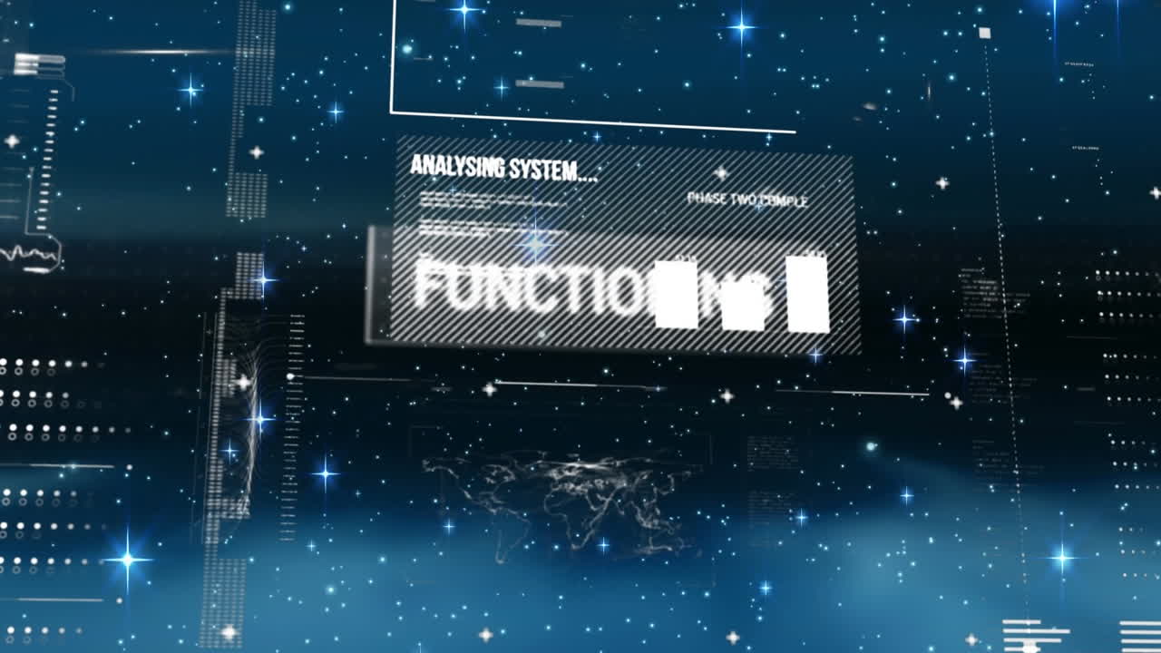 Animation of multiple texts, computer language, map, graph against abstract background